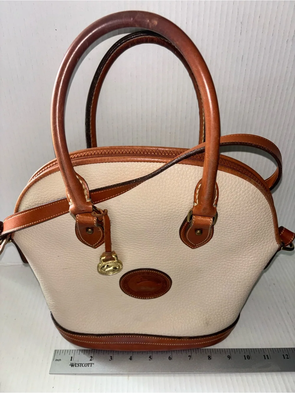 Dooney & Bourke Cream and Brown Leather Dome Satchel Handbag